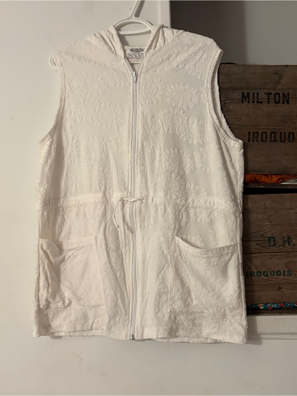 Vintage Sleeveless Hooded Zip Front Swim Cover-Up Terry Cloth Dress Size XL